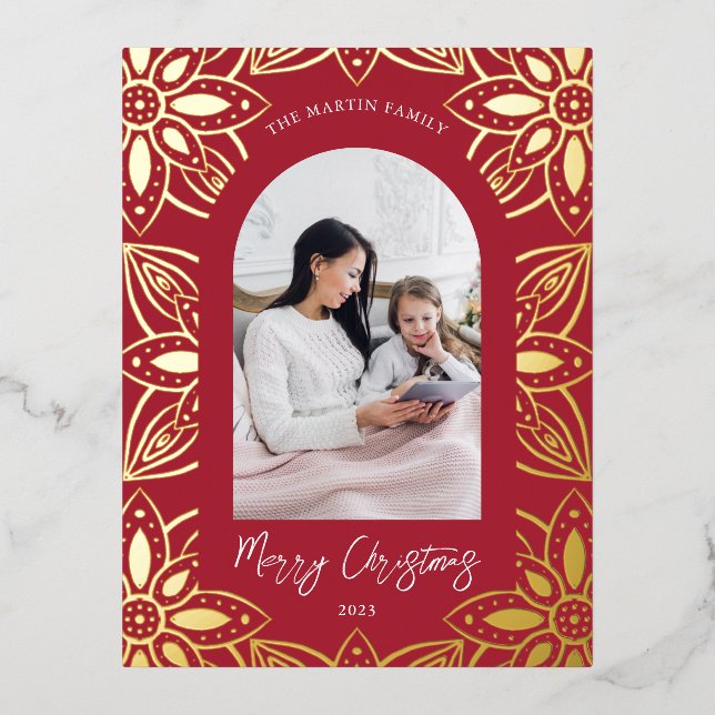Beautiful Red Botanical Frame Photo Foil Holiday Postcard (Front)
