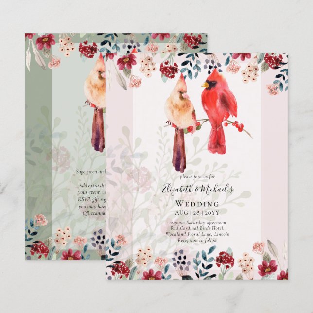 Beautiful RED CARDINAL Birds Wedding Invitation (Front/Back)