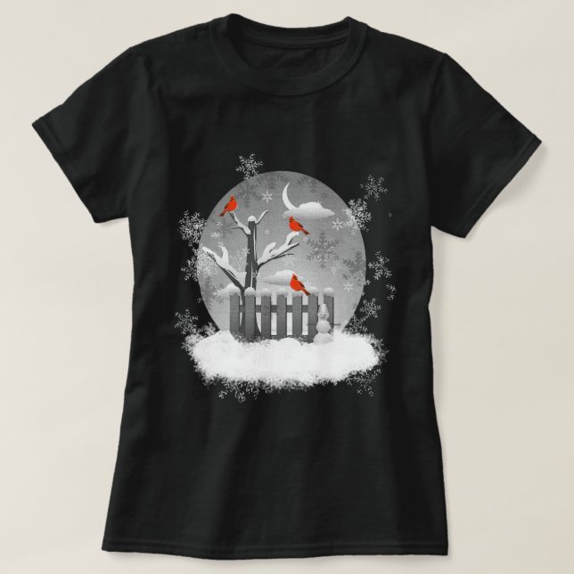 Beautiful Red Cardinal Birds Winter Scene  T-Shirt (Design Front)