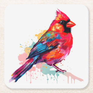 Beautiful Red Cardinal Watercolor Sketch Square Paper Coaster