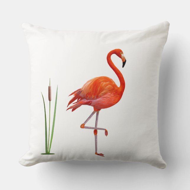 Beautiful Red Flamingo Bird & Reed Plant on White Cushion (Front)