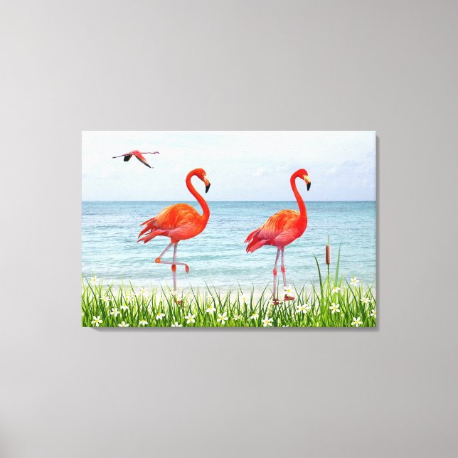 Beautiful Red Flamingos near White Flowers Canvas  (Front)