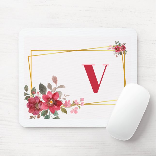 Beautiful Red Floral with Gold Frame Monogram Mouse Pad (With Mouse)