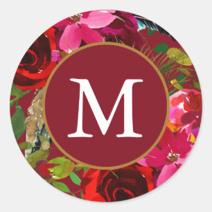 Beautiful Red Floral with Monogram Christmas Classic Round Sticker