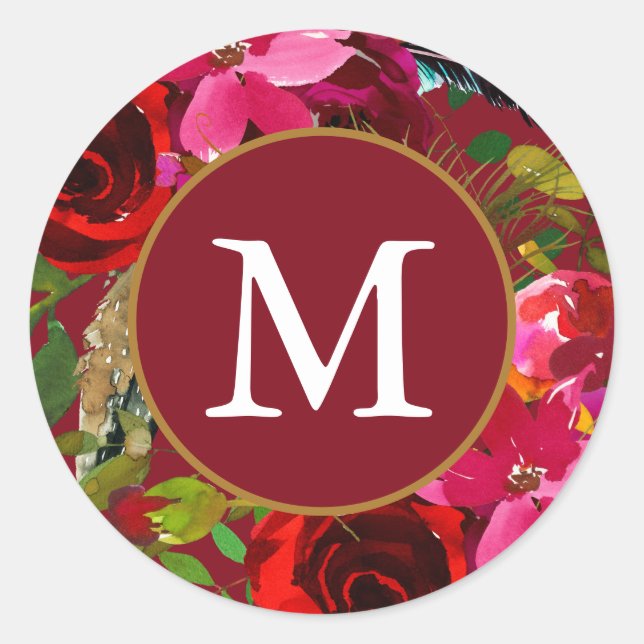 Beautiful Red Floral with Monogram Christmas Classic Round Sticker (Front)
