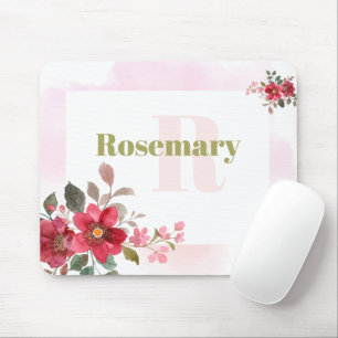 Beautiful Red Floral with Pink Border Monogram Mouse Pad