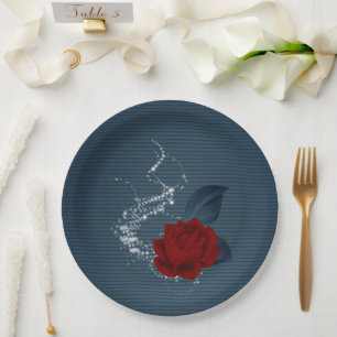 Beautiful red flower & navy leaves paper plate