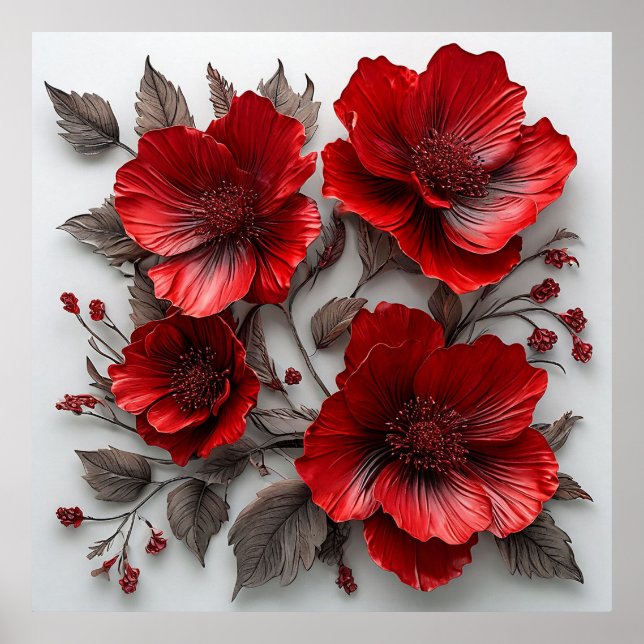 Beautiful Red Flowers and Leaves Poster (Front)