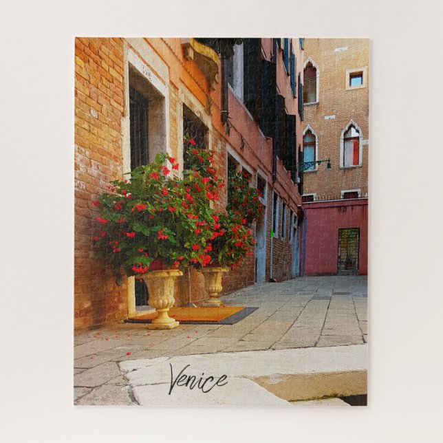 Beautiful Red Flowers Canals of Venice Italy Jigsaw Puzzle (Vertical)