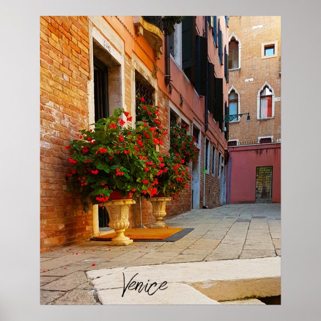 Beautiful Red Flowers Canals of Venice Italy Poster (Front)