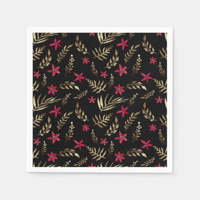 Beautiful red flowers golden shine leaves black el napkin (Front)