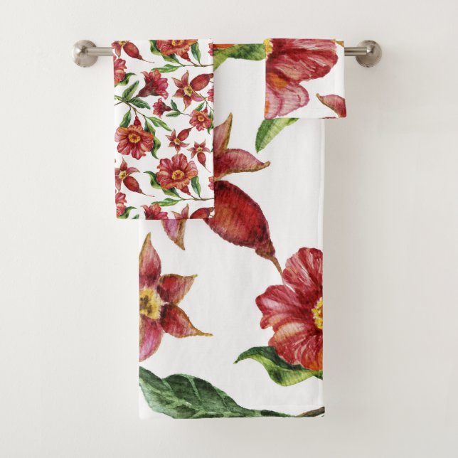 Beautiful Red Flowers Pattern Bath Towel Set (Insitu)