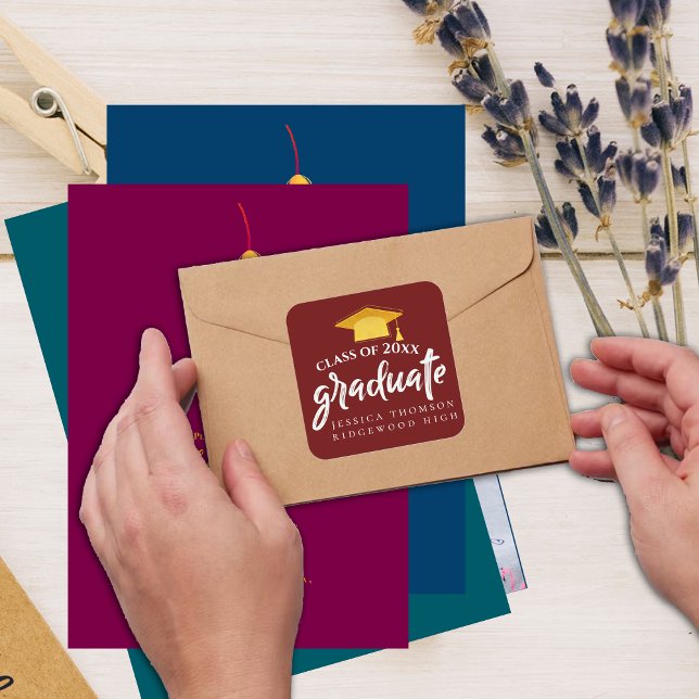 Beautiful Red Gold Grad Hat 2025 Graduation Square Sticker (Beautiful Red Gold Grad Hat 2025 Graduation Square Sticker)