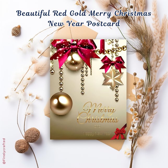 Beautiful Red Gold Merry Christmas New Year Postcard (Creator Uploaded)