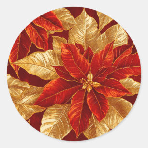 Beautiful Red Gold Vintage Poinsettias Christmas Classic Round Sticker
