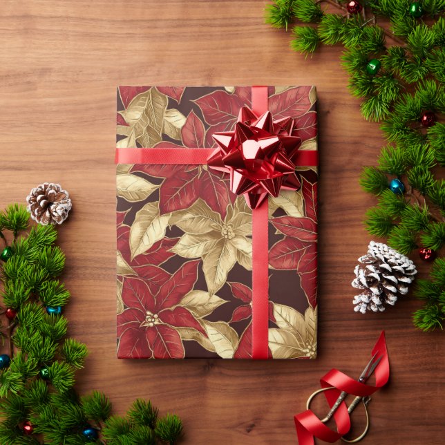 Beautiful Red Gold Vintage Poinsettias Christmas Wrapping Paper (Holiday Gift)