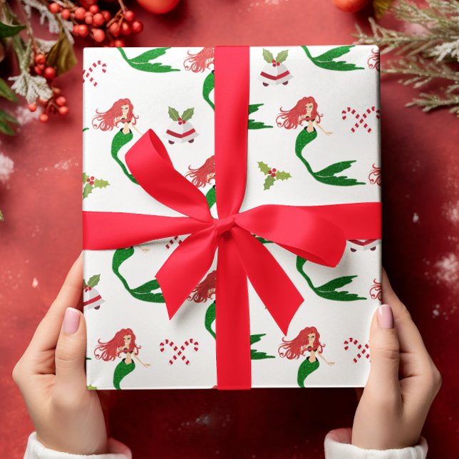 Beautiful Red Green Glitter Christmas Mermaid Wrapping Paper (Creator Uploaded)