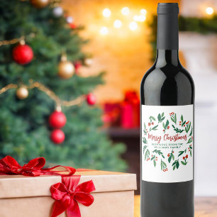 Beautiful Red Green Holly Berry Custom Christmas Wine Label