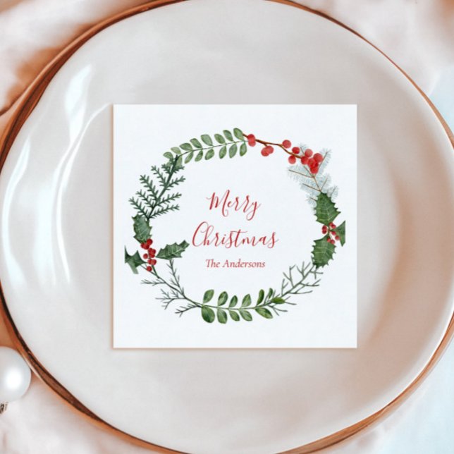 Beautiful Red & Green Watercolor Christmas Wreath Napkin (Creator Uploaded)