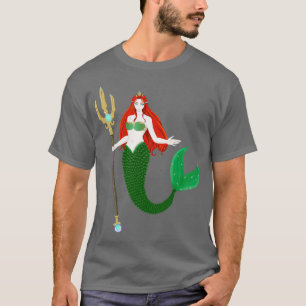 beautiful red hair mermaid with green fin holds a T-Shirt