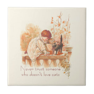 Beautiful Red Haired Child with Kitten Cat Quote Tile