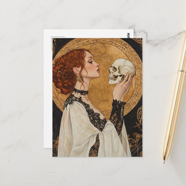 Beautiful Red haired Goddess Woman With a Skull Postcard (Front/Back In Situ)