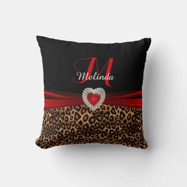 Beautiful Red Heart Leopard Animal Print Cushion (Front)