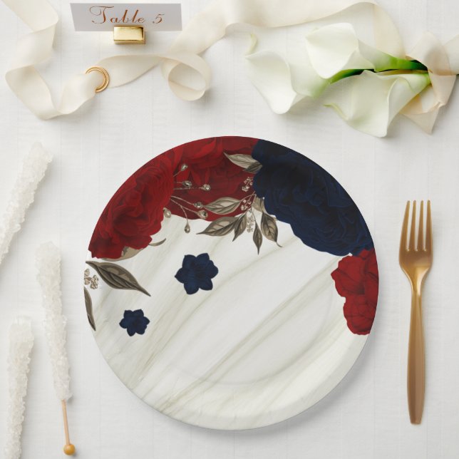Beautiful red & navy flowers botanical paper plate (Wedding)