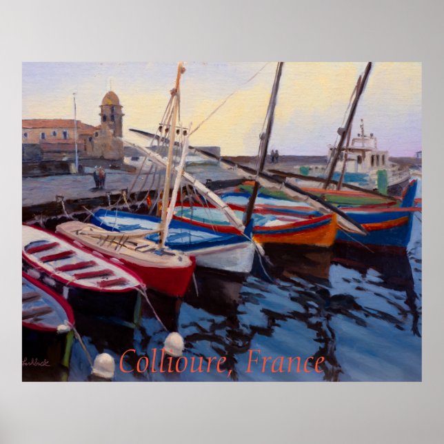 Beautiful Red Orange Blue Green Boats in Collioure Poster (Front)