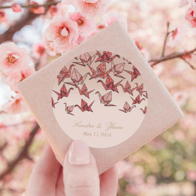 Beautiful Red Origami Paper Crane Wedding Classic Round Sticker (Creator Uploaded)