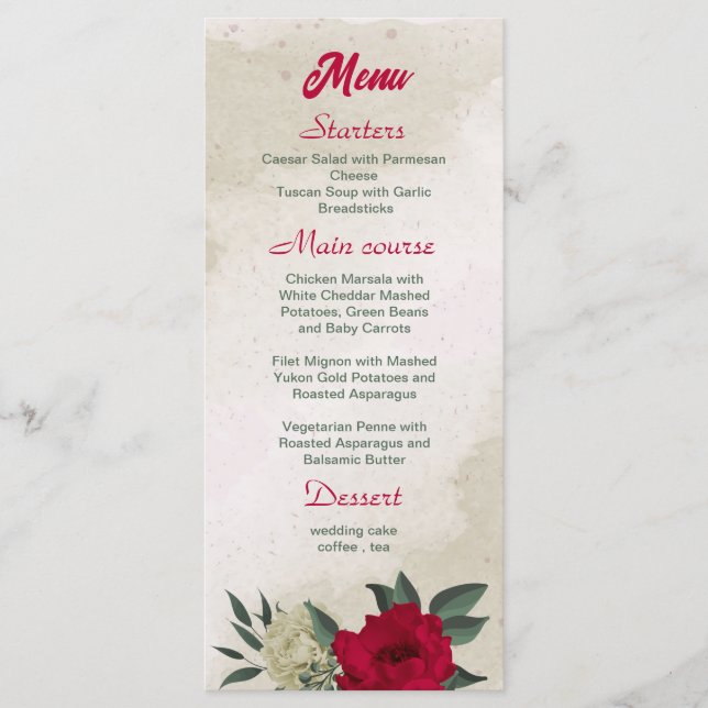  beautiful red pale yellow flowers wedding menu (Front)