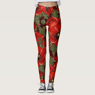 Beautiful Red Peonies Green Leaves on Black Leggings