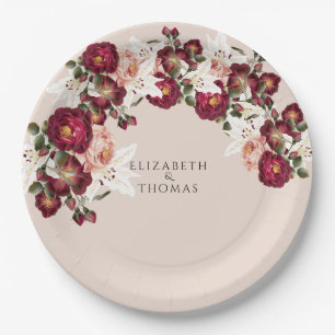 Beautiful Red Pink Roses White Lilies Wedding Pape Paper Plate