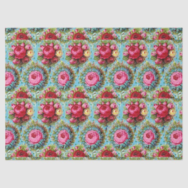 BEAUTIFUL RED PINK YELLOW ROSES IN BLUE TISSUE PAPER (Front)