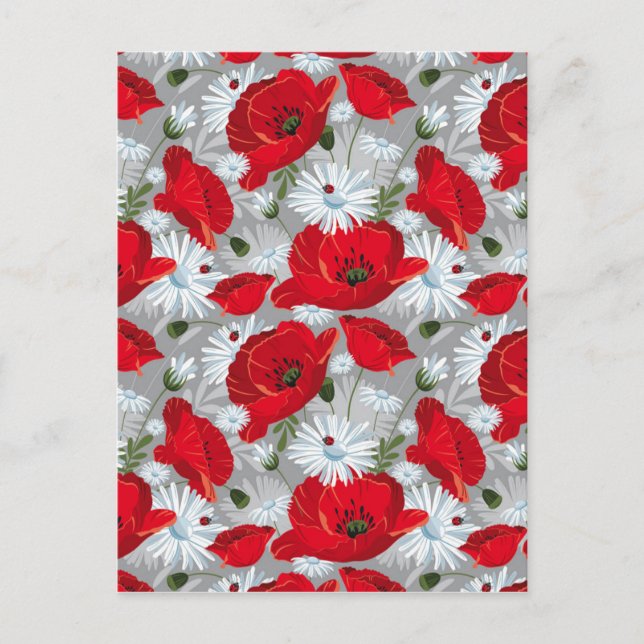 Beautiful red poppy, white daisies and ladybug postcard (Front)