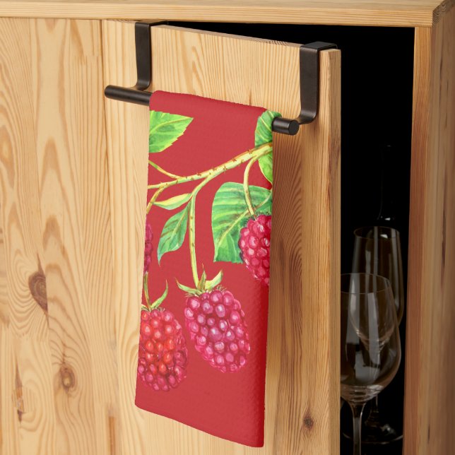 Beautiful Red Raspberries On Stems Green Leaves Tea Towel (Thirds Fold)
