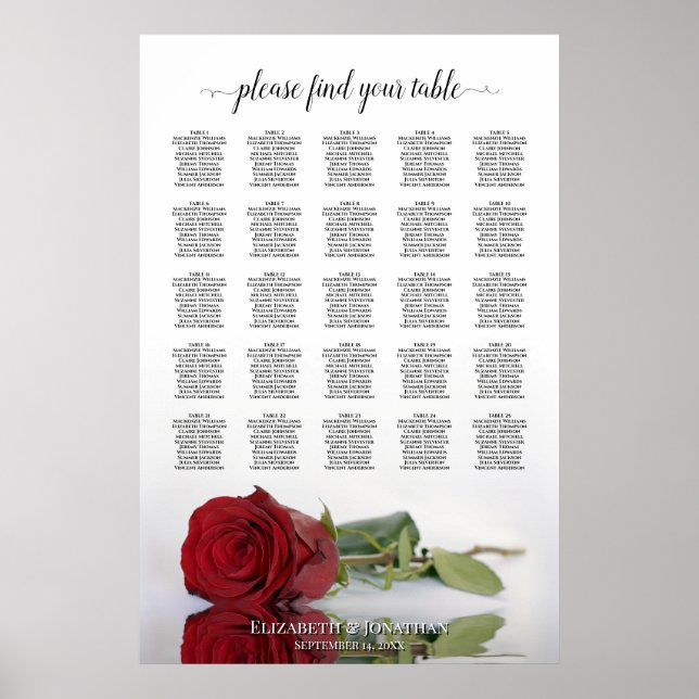 Beautiful Red Rose 25 Table Wedding Seating Chart (Front)