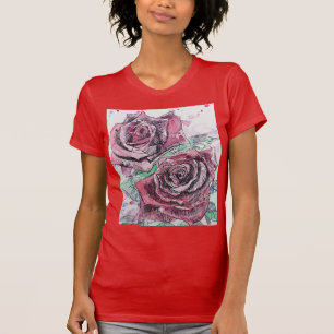 Beautiful Red Rose and Ink Watercolor Painting T-Shirt