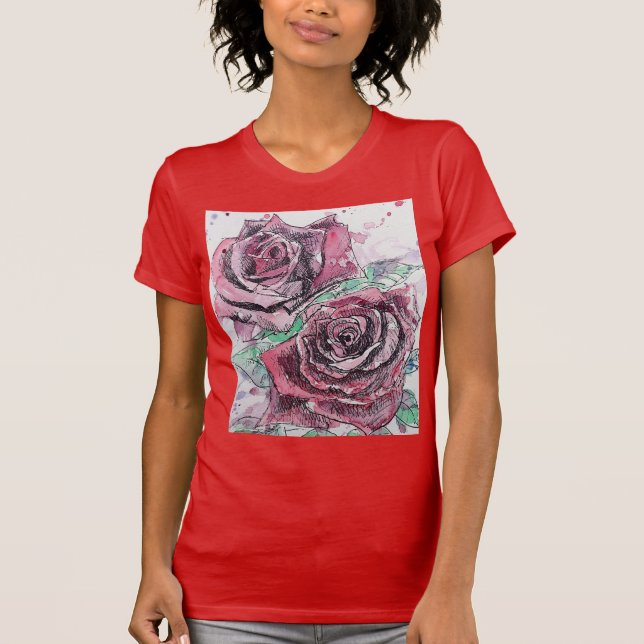 Beautiful Red Rose and Ink Watercolor Painting T-Shirt (Front)