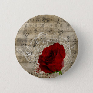 Beautiful red rose music notes swirl faded piano 6 cm round badge