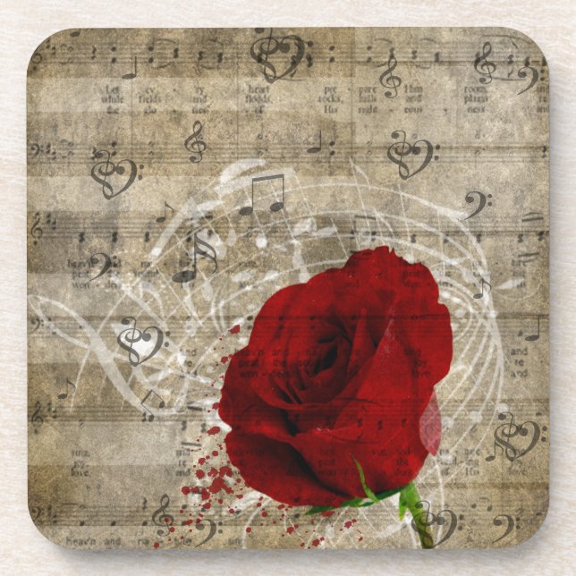 Beautiful red rose music notes swirl faded piano coaster (Front)