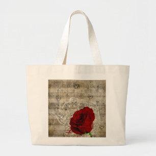Beautiful red rose music notes swirl faded piano large tote bag