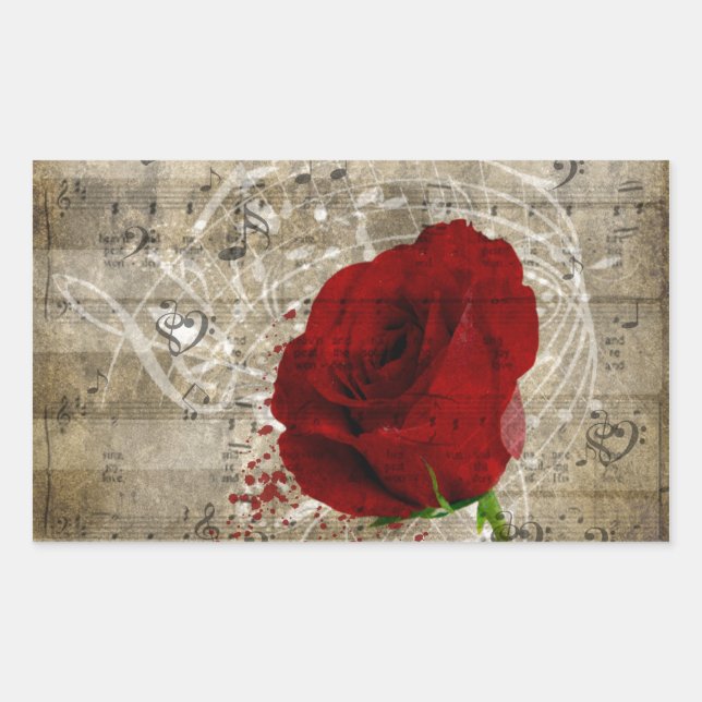 Beautiful red rose music notes swirl faded piano rectangular sticker (Front)