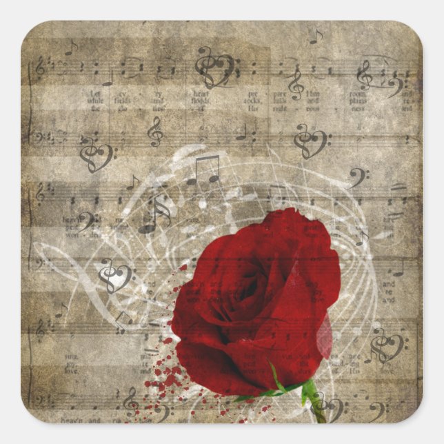Beautiful red rose music notes swirl faded piano square sticker (Front)
