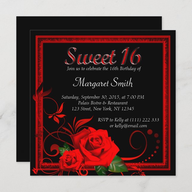 Beautiful red rose sweet 16 invitation (Front/Back)