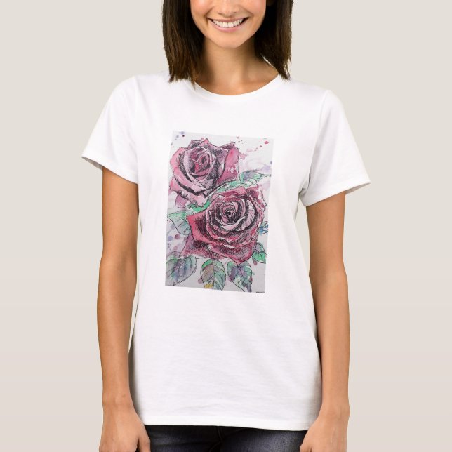 Beautiful Red Rose Watercolor Painting T-Shirt (Front)