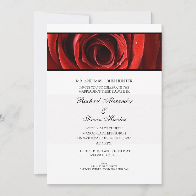 Beautiful Red Rose Wedding Invitiation -White Invitation (Front)