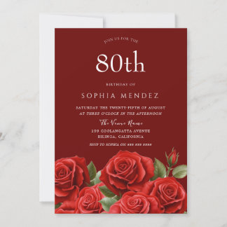 Beautiful Red Roses 80th Birthday Party Invitation