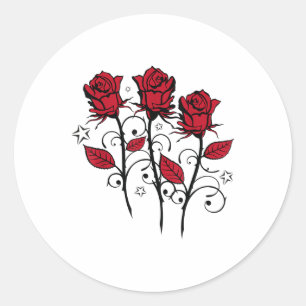 Beautiful Red Roses And Leaves With Stars Tattoo _ Classic Round Sticker
