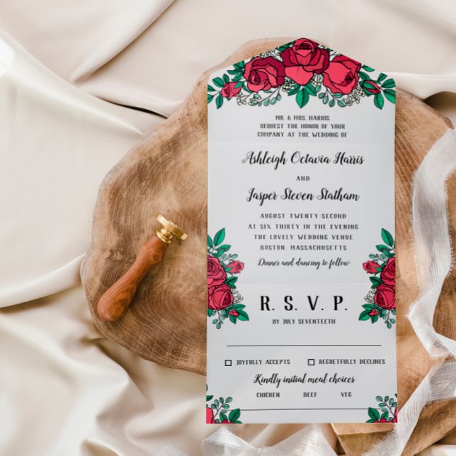 Beautiful Red Roses Floral Wedding All In One Invitation (Creator Uploaded)